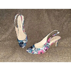 EVALUNA -Floral Print Patent Leather Slingbacks-Buckle Fasten-Sz 36-Excellent